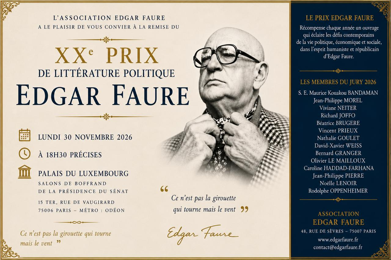 Invitation au XXe Prix de littérature politique Edgar Faure, le 30 novembre 2026 au Palais du Luxembourg